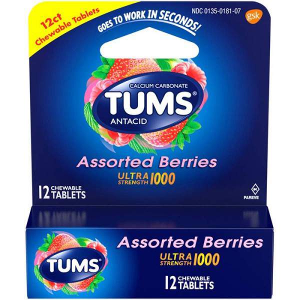 TUMS Antacid Chewable Tablets, Extra Strength for Heartburn Relief, Assorted Ber