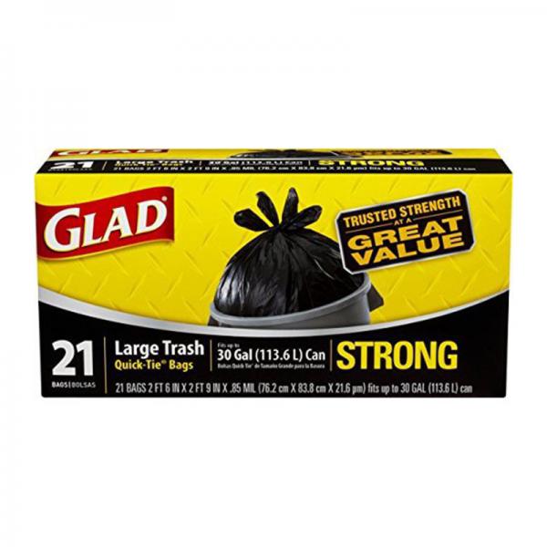 Glad Strong Quick-Tie Large Trash Bags, 30 Gallon, Black, 21 Ct(Pack of 2)