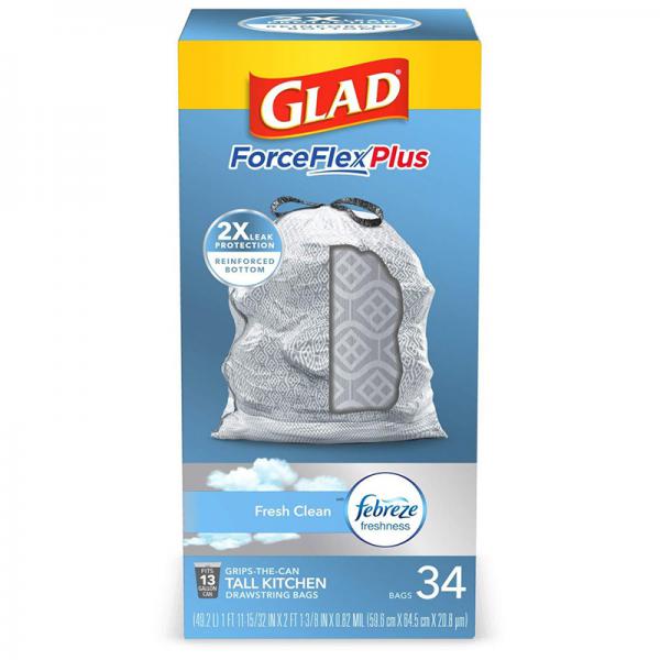 Glad Tall Kitchen Trash Bags, 13 Gallon, 34 Bags (ForceFlexPlus, Fresh Clean)