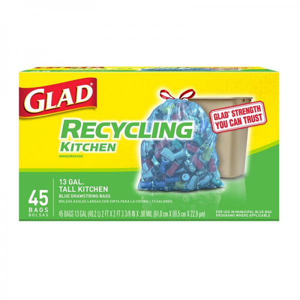 Glad Tall Kitchen Trash Bags, 13 Gallon, 45 Bags (Blue Recycling)