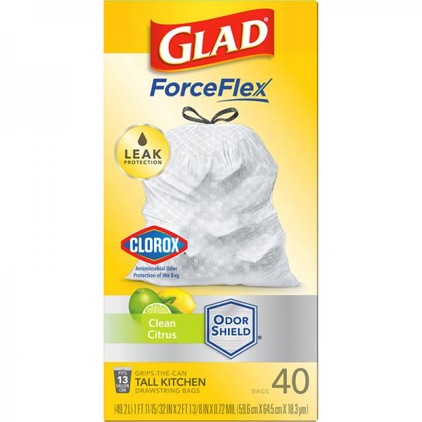 Glad ForceFlex Tall Kitchen Trash Bags, 13 Gallon, 40 Count, Clean Citrus Scent, Clorox Odor Shield