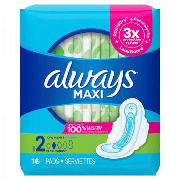 Always Maxi, Size 2, Super Pads With Wings, Unscented, 16 Count