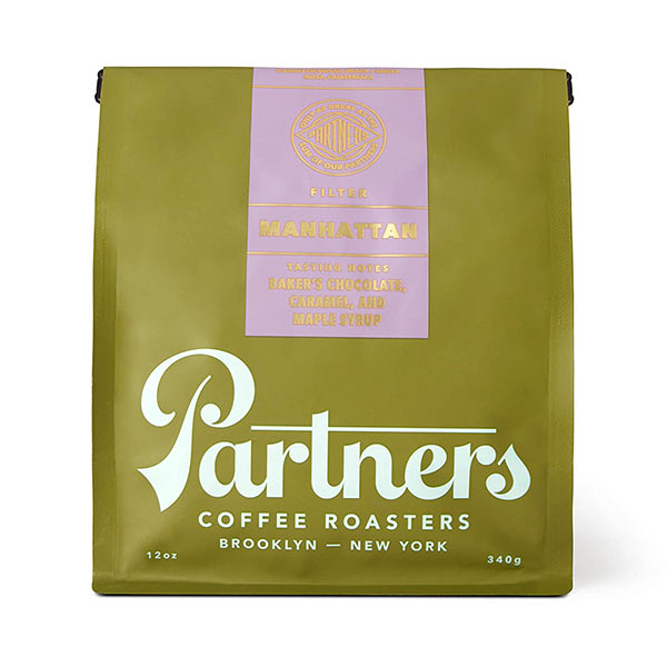 Partners Coffee, Manhattan Blend - 12 Ounce | Dark Roast | Espresso Beans | Low Acidity | Note of Baker's Chocolate and Maple Syrup | Try Cold Brew, E