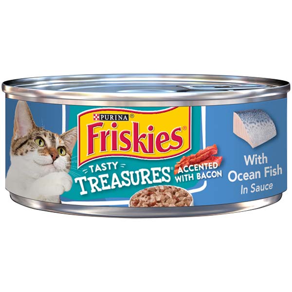 Friskies Wet Cat Food, Tasty Treasures with Ocean Fish in Sauce Accented with Bacon, 5.5 Oz. Can