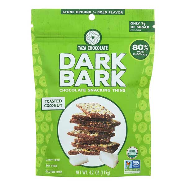 (12 Pack) Taza Chocolate Dark Bark Snacking Thins with Toasted Coconut, 4.2 Oz