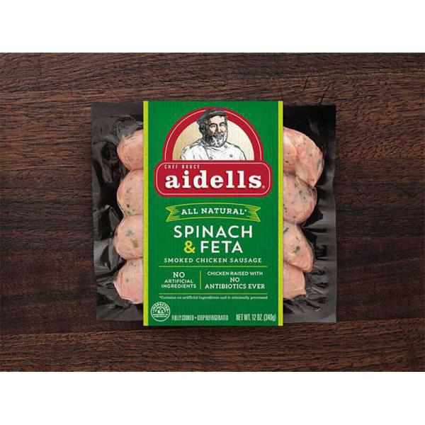 AIDELLS, SMOKED CHICKEN SAUSAGE, SPINACH & FETA