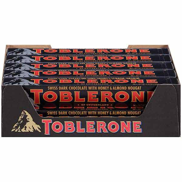 Toblerone - Dark Chocolate with Honey & Almond Nougat, 3.52 oz (100g), 12 count