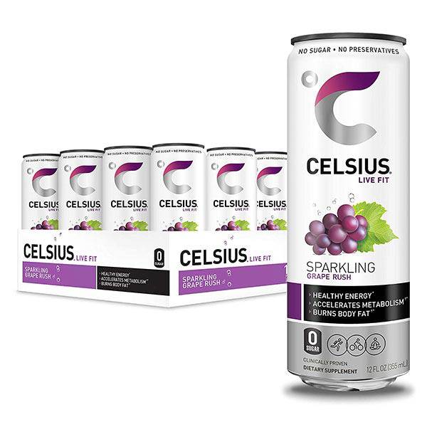 Celsius Sparkling Grape Rush Fitness Drink, Zero Sugar, 12oz. Slim Can, 12 Pack Energy