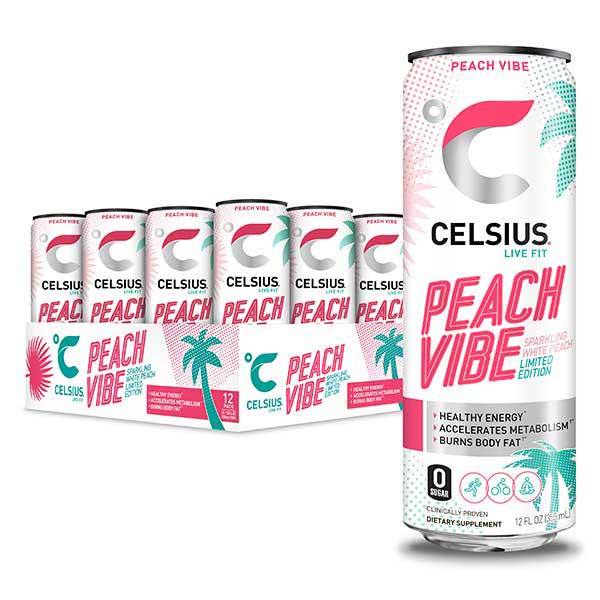  Celsius Energy Drink Zero Sugar No Artificial Flavors Peach Vibe Fitness 12pack