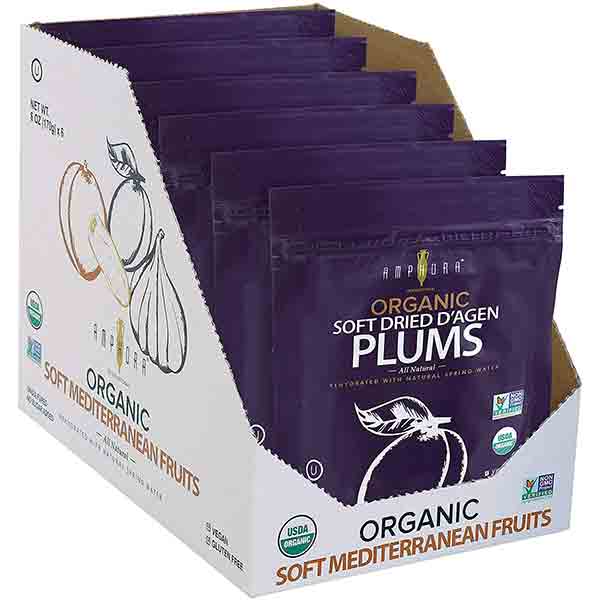 Dried Fruit - All Natural Organic Soft Dried D'Agen Plums - Vegan and Gluten-Free - 6oz Each (Pack of 6)