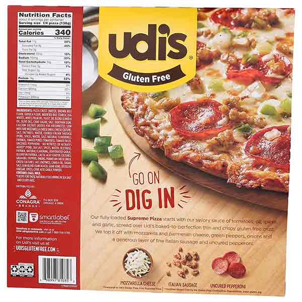 Udi's, Gluten Free Supreme Pizza, Crispy Thin Crust, 19.12 Oz., (Frozen)